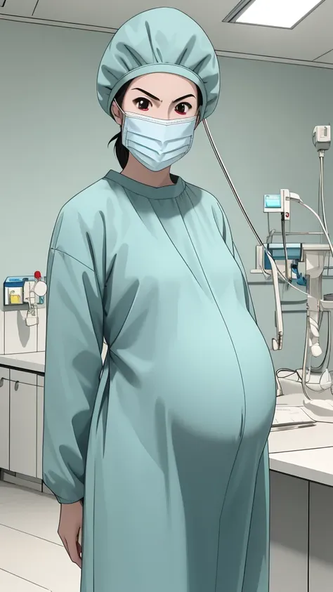 masterpiece, highest quality, source_anime, the view is turned slightly to the side, (RAW photo, best quality), 1girl, frown, pale skin, shy eyes, big breasts, big tits, pregnant, stand, natural lighting, solo, hospital, in the operating room, 
ray kasugan...