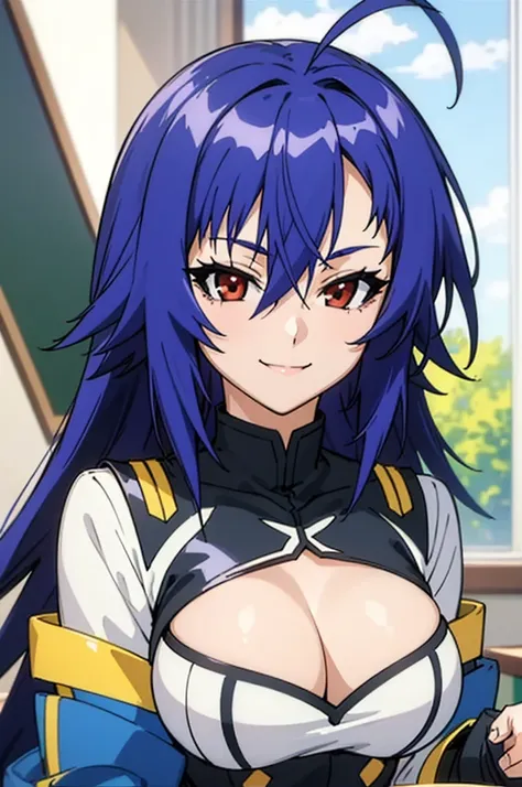 best quality, masterpiece, portrait, 1girl, kurokami medaka, red eyes, blue hair, long hair, ahoge, large breasts, , cleavage cutout, clothing cutout, pleated skirt, classroom, looking at viewer, smile,
