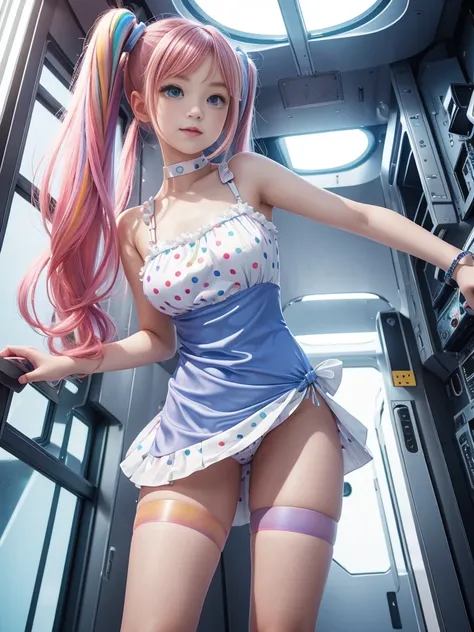 Cute redhead, gravure Idol, with rainbow colored hair tips, ribbons in her hair, 18-year-old woman, happy, in twin tails, perfect symmetrical eyes, clear sparkling blue eyes, pale skin, silky smooth skin, standing on a fancy luxurious space ship, large fut...