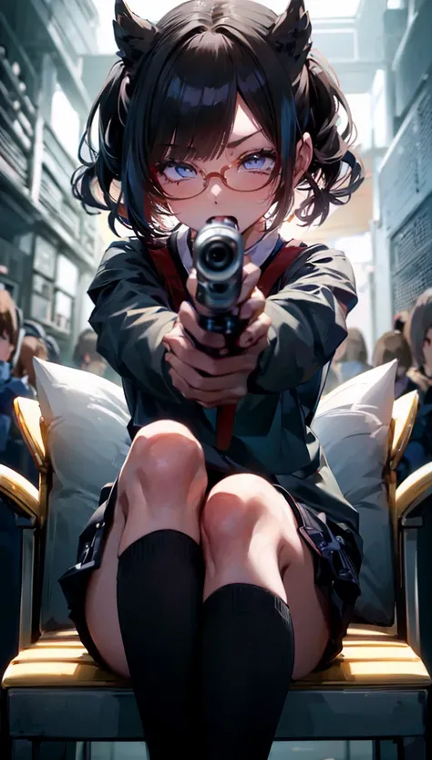 holding a pistol ,1 person、No sleeve、Ahegao、ponytail、blonde、amount、Blue Leather Shirt、Sara、No sleeve、best quality, super fine illustration,(((beautiful fine hair))),(((beautiful fine face))),(((beautiful fine background))),blue-black leather pants, silver ...