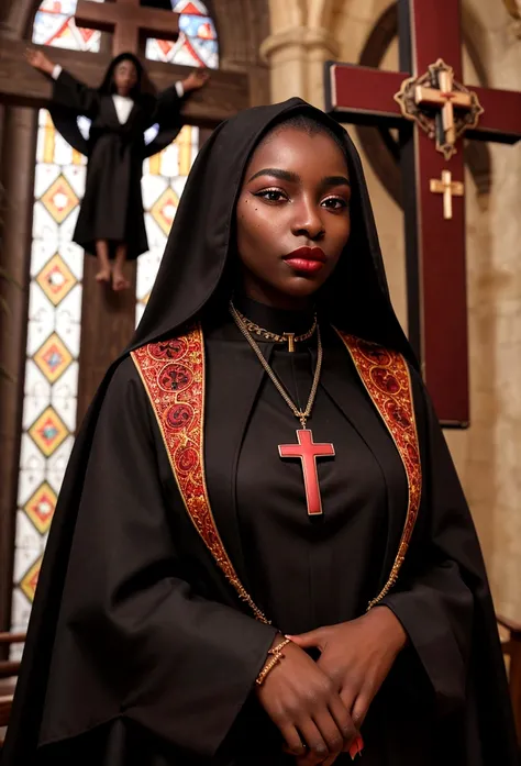 ultra detailed, highest quality,realistic,photo quality, 18 year old black African woman in a religious ceremony in a church, ((she is wear makeup,dark red lipstick, clergy collar and robes, large cross pendant)), 