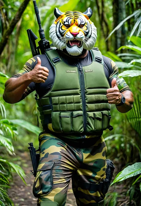 (a dark-skinned bearded fat muscular old man in a bulky army camouflage zipper diver suit), and (wearing realistic roaring siberian tiger mask) thumbs up, patrolling in a jungle and carrying sniper rifle, muscular, Bruce Onobrakpeya, sumatraism, stanley ar...