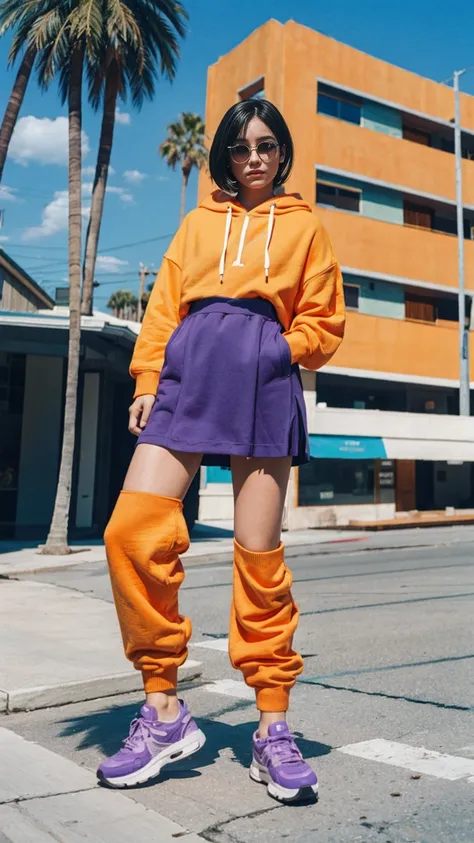 Fujifilm XT3,1 girl ,her pose exudes a sense of and joy,close up photo, wear (((color orange oversized_hoodie that covered her legs))), wear ((purple tennis skirt)),hands in hoodie pocket,looking front,Best Quality,Masterpiece,Ultra High Resolution,(Realis...