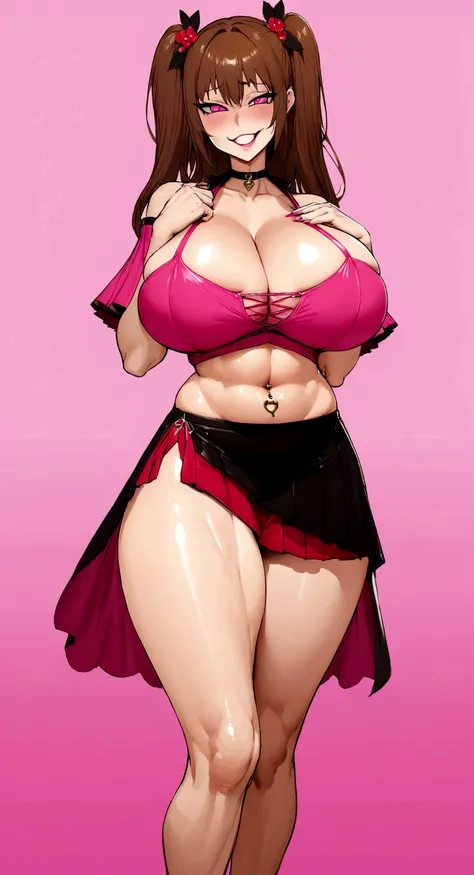 big lips, Brown hair, pink eyes, japanese face, improve, improve grin, two sides up, huge breasts, Wide hips, sexy, detailed, pink room, Hits, (evil smile1.4), kawaii, skirt lewd, lewd, GOOD, lewd costume, lewd shirt,  choker, lewd skirt, lewd shirt,navel ...