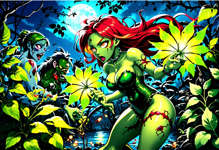 (street Fighter 2 16 bit game) DC character poison ivy has animated plant (thorn,vine,flower) beasts to demolish a horde of zombie (rotten people) emerging from a swap, moonlit swamp, show the epic battle of plants vs. zombies, (bonus round destroy as many...