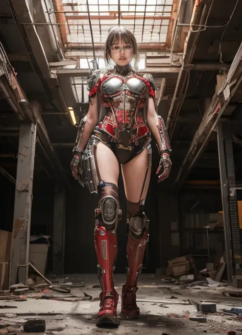 ((masterpiece, Highest quality, Best image quality, High resolution, Realistic, RAW Photos, 8K)), cyborg, Her body is covered in gears and red metal frameworks.. White Background, An empty laboratory, Dilapidated city,Full Body Shot、Low - Angle、Glasses