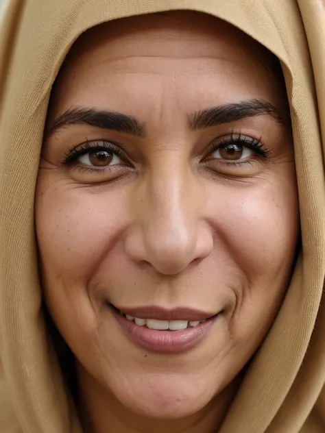 her name is Natividad, middle-aged Qatari woman, (((snub nose))), (50 years old), (short hair), (wrinkles), 1girl, solo, smile
