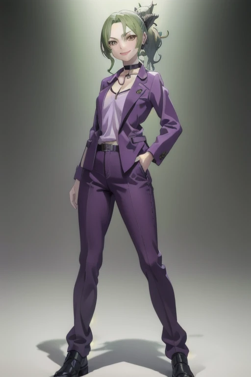 masterpiece, best quality, 1girl, solo, smile, Shoiji, purple jacket, purple shirt, folded ponytail, choker, green hair, brown eyes, hairclip, pants, standing, full body, black background