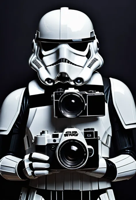 2D image, stormtrooper holding a photo camera, frontal view, full posture, solid black background