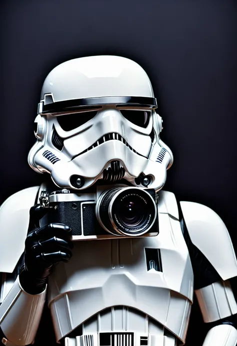 2D image, stormtrooper holding a photo camera, frontal view, full posture, solid black background