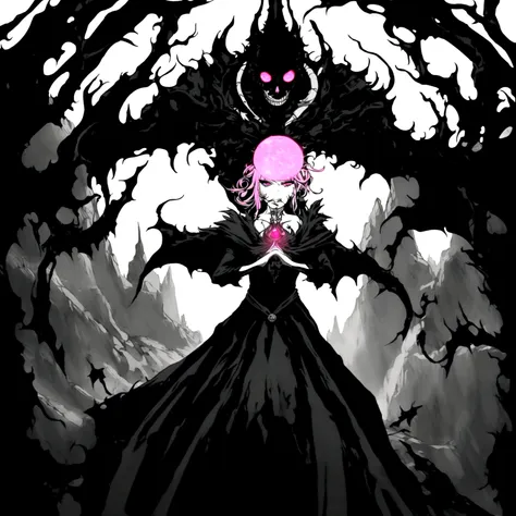 [lorana]a mature woman dark sorceress casting a powerful destructive spell from the mountaintop,pink energy ball with skull floa...