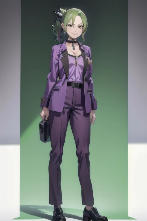 masterpiece, best quality, 1girl, solo, smile, Shoiji, purple jacket, purple shirt, folded ponytail, choker, green hair, brown eyes, hairclip, pants, standing, full body, black background