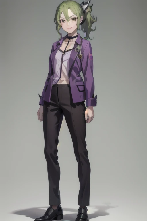 masterpiece, best quality, 1girl, solo, smile, Shoiji, purple jacket, purple shirt, folded ponytail, choker, green hair, brown eyes, hairclip, pants, standing, full body, black background