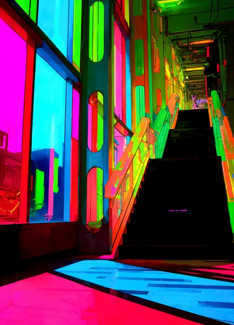 brightly lit stairs leading to a brightly lit building with a clock, psychedelic architecture, neon colors vibrant colors, vibrant neon colors, neon cyberpunk vibrant colors, ultraviolet and neon colors, neon cyberpunk colors, dreamy colorful cyberpunk col...