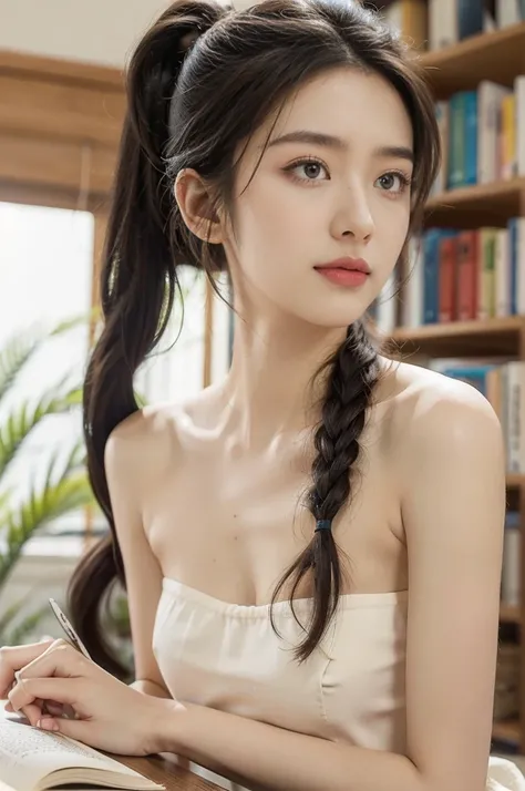 (((best quality))),(((ultra detailed))),(((masterpiece))),illustration,((1 beautiful girl, college student,solo)),((slim,thin,small breasts,flat chest)),(short ponytail:1.2),(strapless bra:1.2), studying, books, dormitory, summer afternoon, sky, gloomy sha...