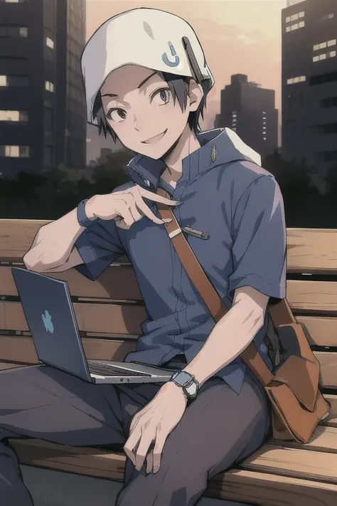 Atsurodesu, hat, pants, solo, 1boy, blue shirt, bag, wristwatch
masterpiece, best quality, absurdres, city, post apocalyptic city, sitting on bench, holding laptop, smile