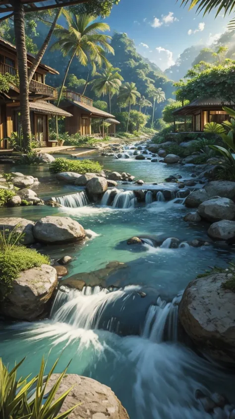 realistic rendering of modern villas by the stream, (natural stream) flow tenderly, jungle background