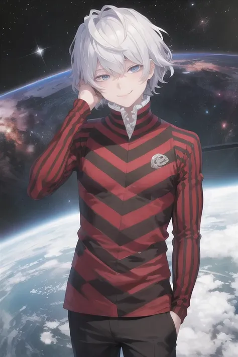 masterpiece, best quality, solo, 1boy, looking at viewer, smile,  alcordesu2, striped shirt, pants, space, hand on own face,