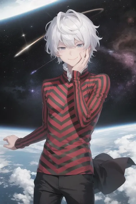 masterpiece, best quality, solo, 1boy, looking at viewer, smile,  alcordesu2, striped shirt, pants, space, hand on own face,