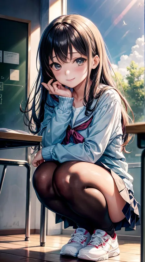 The girl is Squatting down and facing the camera、Anime girl sitting at a desk in a classroom with a blackboard、beautifulアニメのexpensive school girl, cuteアニメの女の子, White pantiesー,cute, Enchanting anime girl, Anime Moe Art Style, Squatbeautifulアニメの女の子, Anime Be...