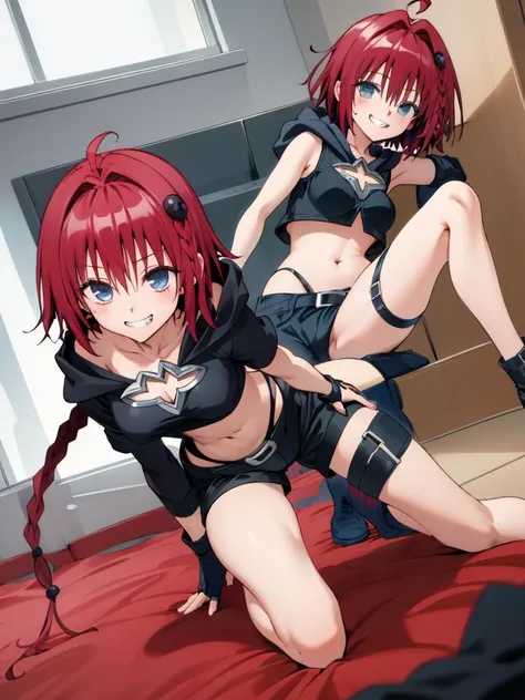 transformationOutfit,red hair,braid ,big breasts,crop top, black shorts, belt, cleavage cutout, fingerless gloves, hood, belt,,indoor,grin,kneeling,open legs,spread legs