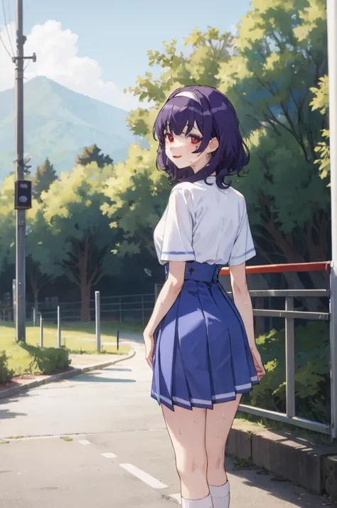 ,1girl, looking at viewer,
yamanobe tomo, purple hair, red eyes, medium hair,  , hairband,white shirts, short sleeves, blue skir...