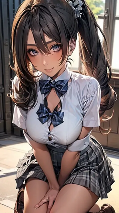 (masterpiece:1.2, Highest quality), (Realistic, photoRealistic:1.4), Beautiful illustrations, 
View your viewers, whole body, Front view:0.6, 
1 Girl, Japanese, high School girl, (Long Hair:1.5), Let your hair flutter, (Side Ponytail), Hair on one eye, Lar...