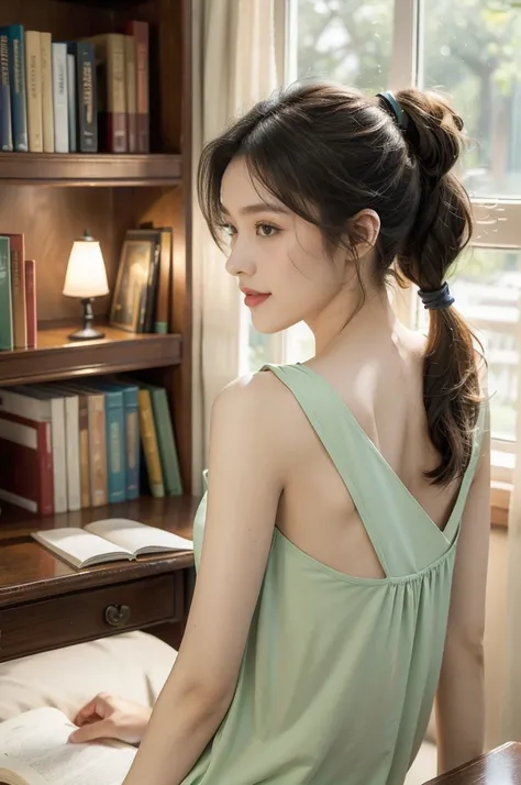 (((best quality))),(((ultra detailed))),(((masterpiece))),illustration,((1 beautiful girl, college student,solo)),((slim,thin)),((bare back,towering hips,butt crack)),(short ponytail:1.2),(sleeveless shirt:1.2), studying, books, dormitory, summer afternoon...