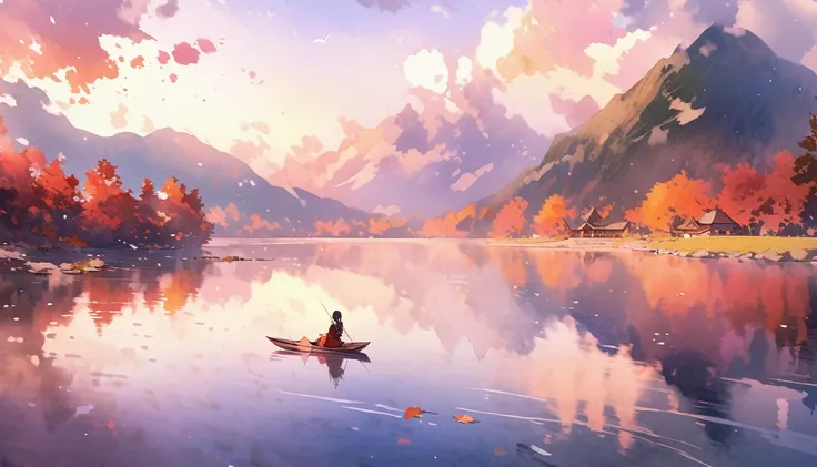 (Very beautiful watercolor painting),Beautiful nature,pretty lake((Very delicate and beautiful galaxy reflections:1.4)),Fall,fantasy,some fairy,Beautiful sky, rest ,quality(8K,Extremely detailed CG unit wallpaper, masterpiece,high resolution,top-quality,to...