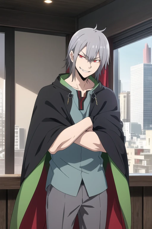 masterpiece, best quality, looking at viewer, 1boy,  smirk, naoyadesu, black and green cape, blue shirt, standing, city, grey hair, red eyes