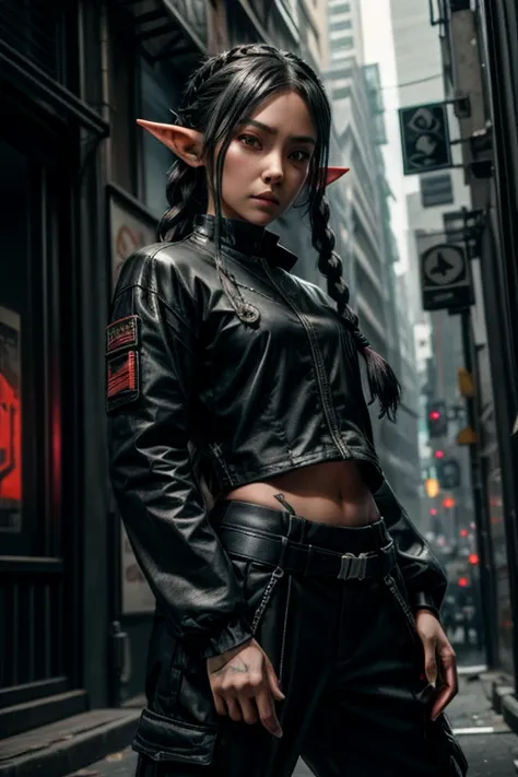 female anime elf, long black hair, side braided French style, brown eyes, small pointed elf ears, complex tattoos in tebori style, silver jewelry, black long sleeve, black cargo pants, white sneakers, dynamic photo pose, cyberpunk elf city, cinematic, beau...