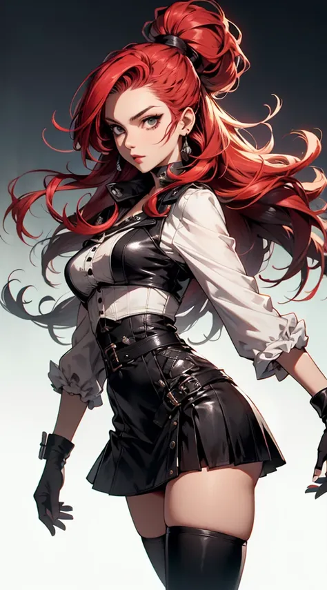 Rogue human woman, with red hair and black highlights, long high ponytail, white corset, black mini skirt, black thigh high boots, black jacket. 