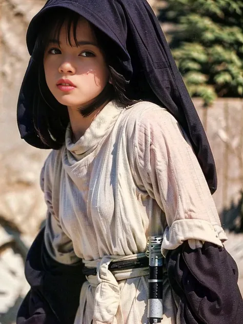 (in jedioutfit), (clear sky), 
walking through tatooine, (wind is blowing), 

(black hair), (medium hair), (much hair), (thin ey...