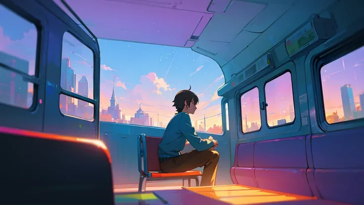 Anime Scene of a person sitting on a bus with bubbles coming out of the window, Anime Scenery concept art, Anime Background Art, Anime-style streetscape, Lofi Art, Lofi Artstyle, Makoto Shinkai Cyril Rolland, beautiful Anime Scene, Studio Ghibli Sunshine, ...