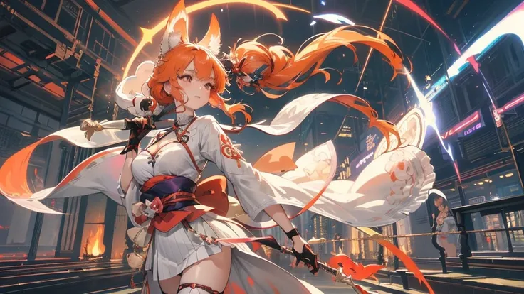 One wearing a white dress、Goddess, girl with orange hair and fox ear, red eyes, wearing red white orange kimono, Complex and gorgeous anime CGI style, , full-body fantasy of fire magic, Anime girl walking on fire, guweiz style artwork, big fox with her , e...