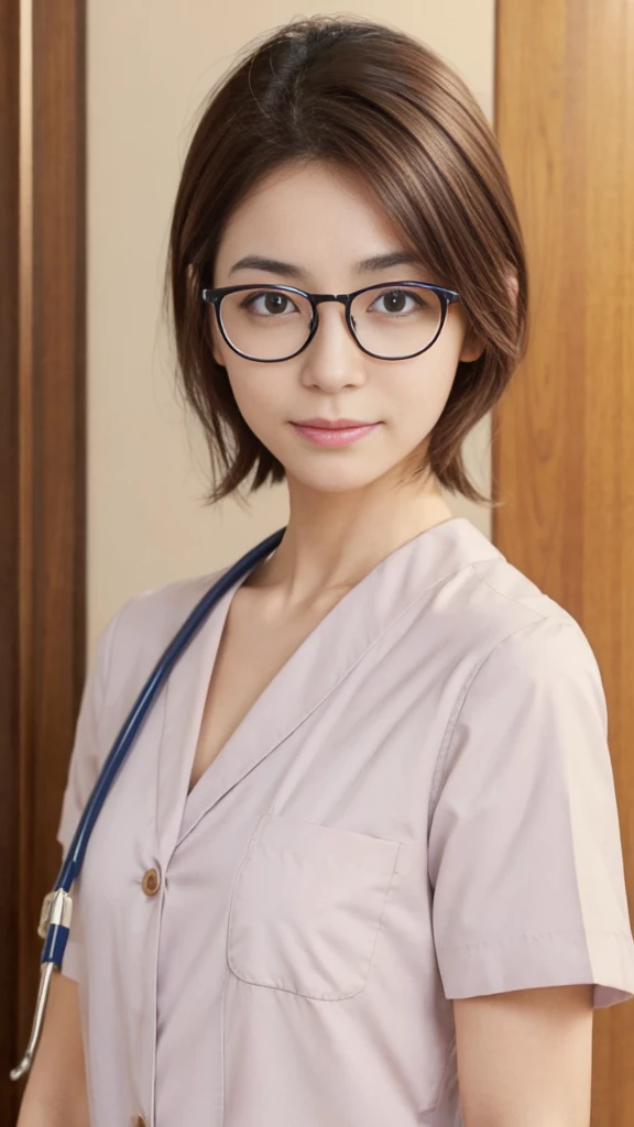 womanの肖像, Mid 30s, nurse, Japan nationality, Illuminated face, Upper body composition, Realistic high definition images. Features: shoulder-length brown hair, Intellectual appearance with glasses, Simple contours, Well-defined eyebrows, Deep Eyes, Straight...