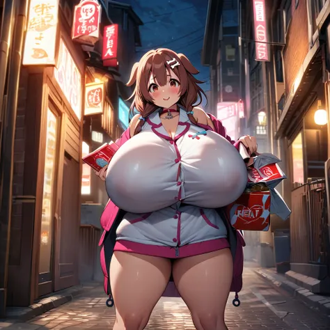 inugami korone,1girl,solo,Females in heat,blush,gigantic huge breasts,condom box in right hand,looking at viewer,standing up,town at night