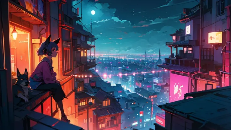 Girl sitting on balcony , Feel the view outside、look  , Focus on the night city  ,2D Game Art Styles ,Chinstill 50, Put headphones on your ears , Sing a song  , at night, Colorful animation skills, A dog is sitting next to a girl