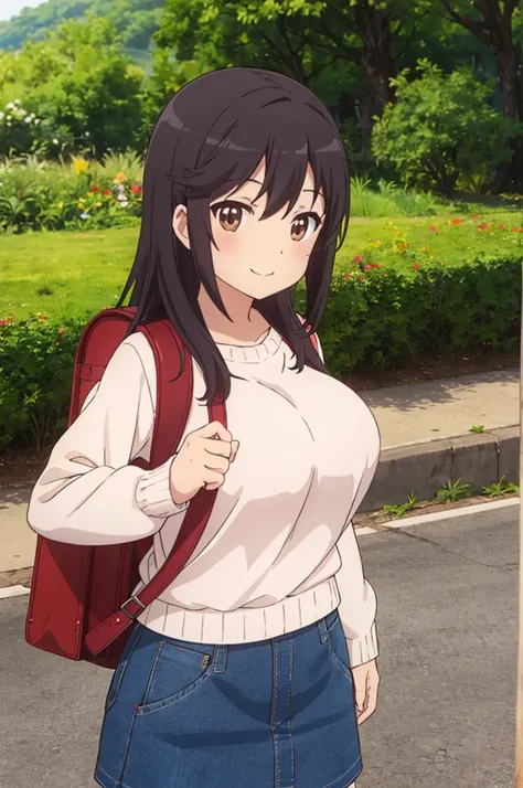 nonhotaru,looking_at_viewer,smile,nature,shirt,skirt,backpack,randoseru,sweater,big breasts