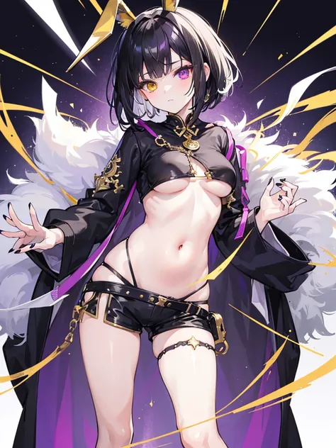 20s, one girl, white and black hair, short hair, black clothes, black nails, showing belly, shorts, gold ornaments, purple and white heterochromia, cool、wears rabbit ears.