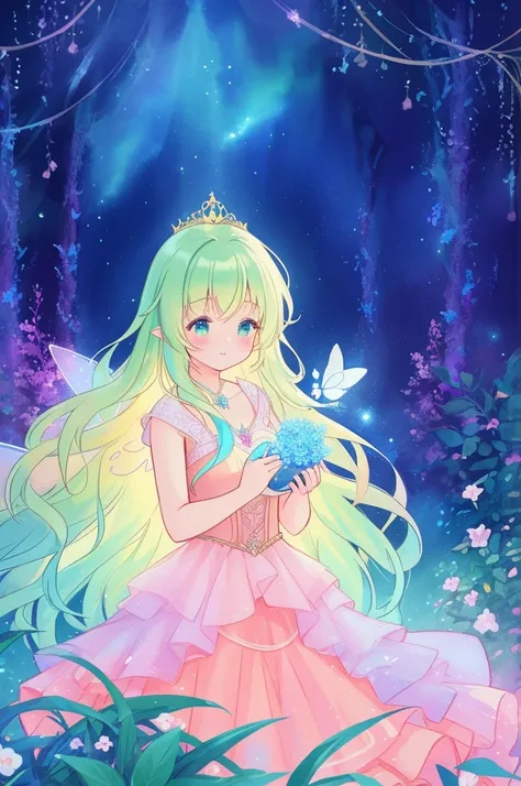 beautiful girl in flowing tiered layered ballgown dress, fairy dress, fairy queen, magical forest background, (glowing fairy wings), glowing flowing ballgown, long wavy hair, sparkling fairy wings, watercolor illustration, flowers and colorful plants, insp...