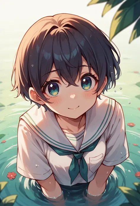 girl　In the water　Short Hair　15 years old　student　Fresh　Sailor suit　Rural landscape　Hayao Miyazaki　cute