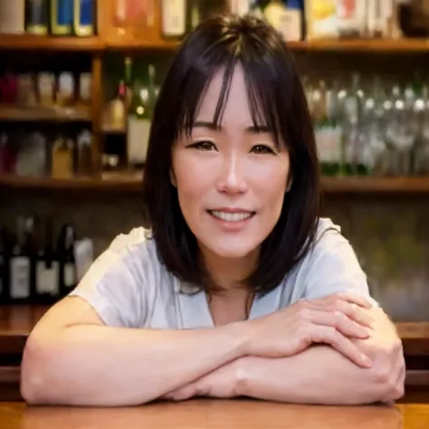 A woman in her fifties sitting at a bar with her arms crossed, narumi kakinouchi, kiyoko suzuki, tsutomo nihie, tsugumi ohba, It&#39;s bittersweet, mamimi samejima, Yasumoto Oka, Nishimiya Shoko, Morimoto, what a person, Rinko Kawai, mutsumi akasaki, Chiho