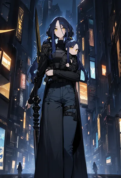 (One very tall woman,Dark navy blue hair,Her hairstyle is twin tails that expose her forehead.,Medium chest,yellow eyes)Black Techwear,Jeans pants,A tall woman carrying a long Japanese spear on her shoulder,City of night