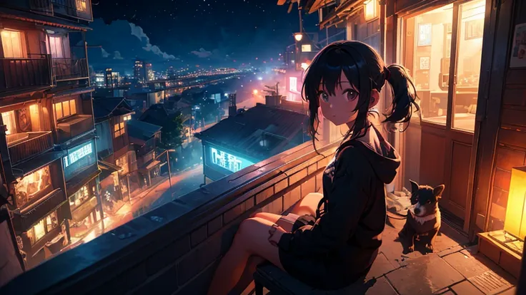 girl sitting on balcony , feel the view outside、look  , focus on the night city  ,2d game art styles ,chinstill 50, put headphon...