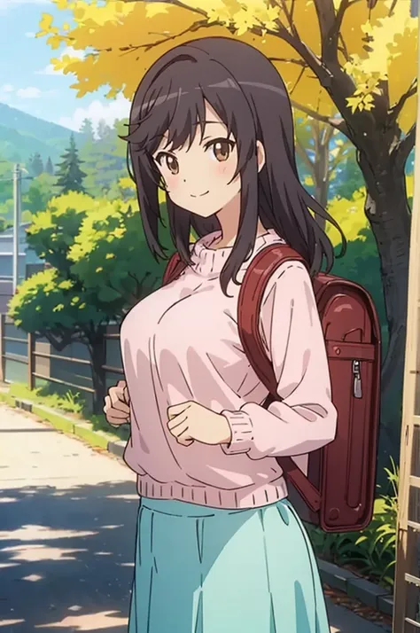 nonhotaru,looking_at_viewer,smile,nature,shirt,skirt,backpack,randoseru,sweater,big breasts