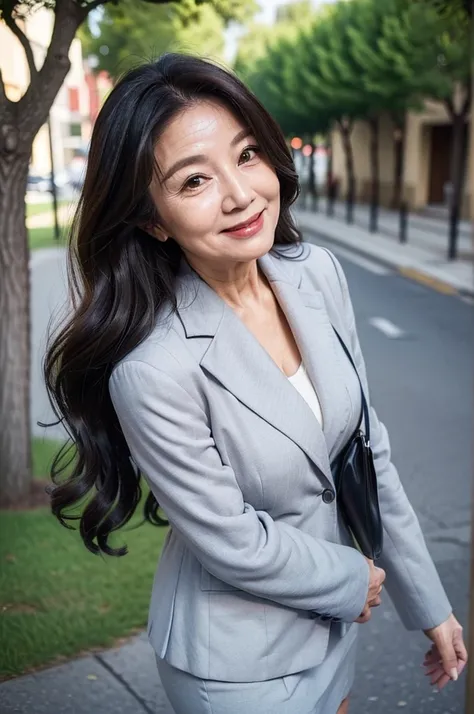 (masterpiece:1.4),(69-year-old woman:1.5),(facial wrinkles 1.2),A kind smile,Long Wavy Hair, Motherhood Mature Woman, (tight skirt : 1), suit