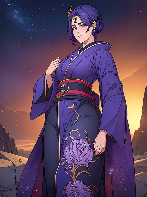 Just one girl,Best quality, 4k, high resolution, body stuck dress, perfect smile, gorgeous, light skin, ahegao face(hentai face) ,purple hair, wearing A short dark blue kimono with a darker blue obi belt and
She wears her forehead protector, 1 girl, solo, ...