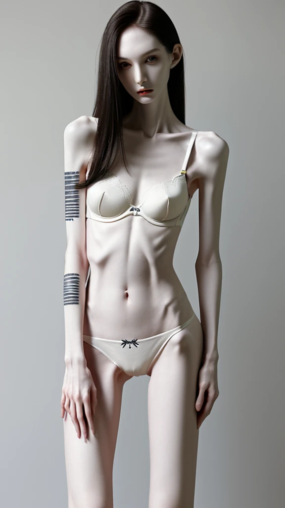 a woman, very thin body, body visible bones, very slender, pale white skin, panties, bra,tatto, full body