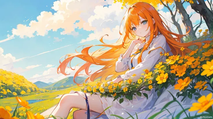 A girl with long hair is reclining in a field of vibrant orange and yellow flowers. Shes leaning against a hill, her head resting on her hand as she gazes into the distance. The sky above is a clear blue, dotted with fluffy white clouds. The image features...